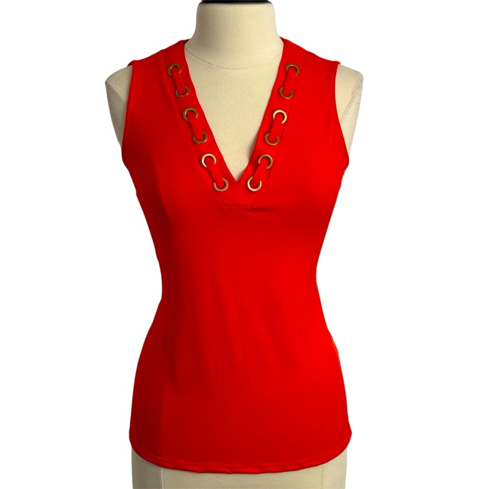 Always Indigo Women's Sleeveless, V-Neck Gold Lace Top, Coral Reef, Size L‎